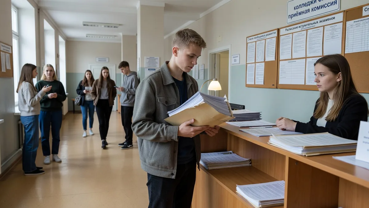 Абитуриент подаёт документы в приёмную комиссию педагогического колледжа