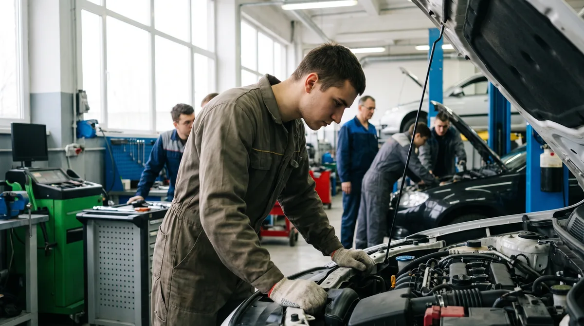 Выпускник транспортного колледжа работает автомехаником в автосервисе