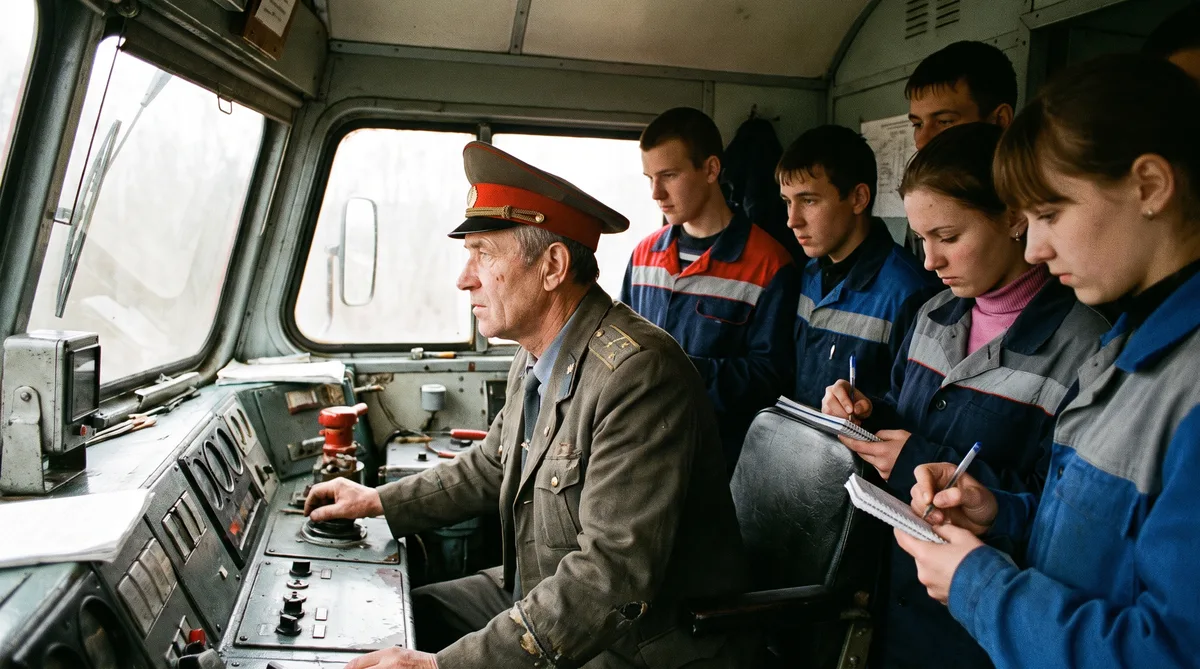 Машинист локомотива в кабине поезда